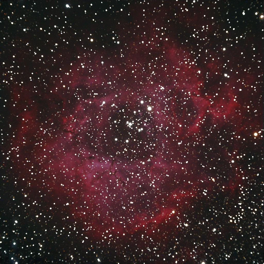 rosette.jpg - Rosette nebula in Monoceros, 2x15 minute exposures. AP Traveler 106mm f/6, ST-4000XCM imager.