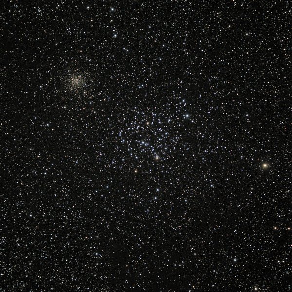 m35-2x15min.jpg - One of my favorite visual objects, M35 is the giant open cluster that fills the screen. Ten times distant is open cluster NGC2158 in the upper left of the image.