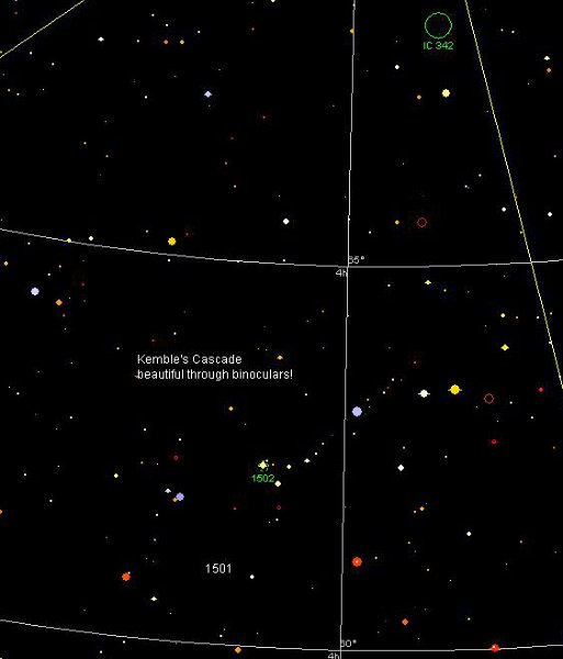 Sky Map Pro sky chart crop showing Kemble's Cascade with the location of NGC 1502, 1501 and IC 342 shown