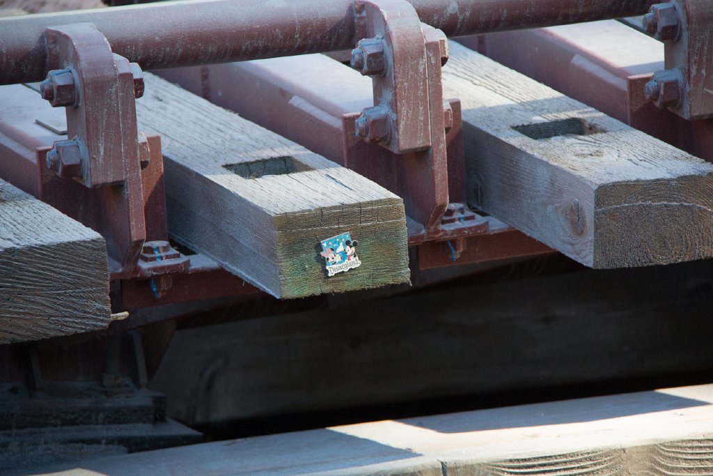 IMG_3713.jpg - Someone managed to get this pin to a very inaccessible rail tie on Big Thunder Mountain.