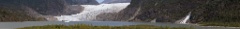 A full panorama of Mendenhall Lake, glacier, and Nugget Falls, from near the visitor center.